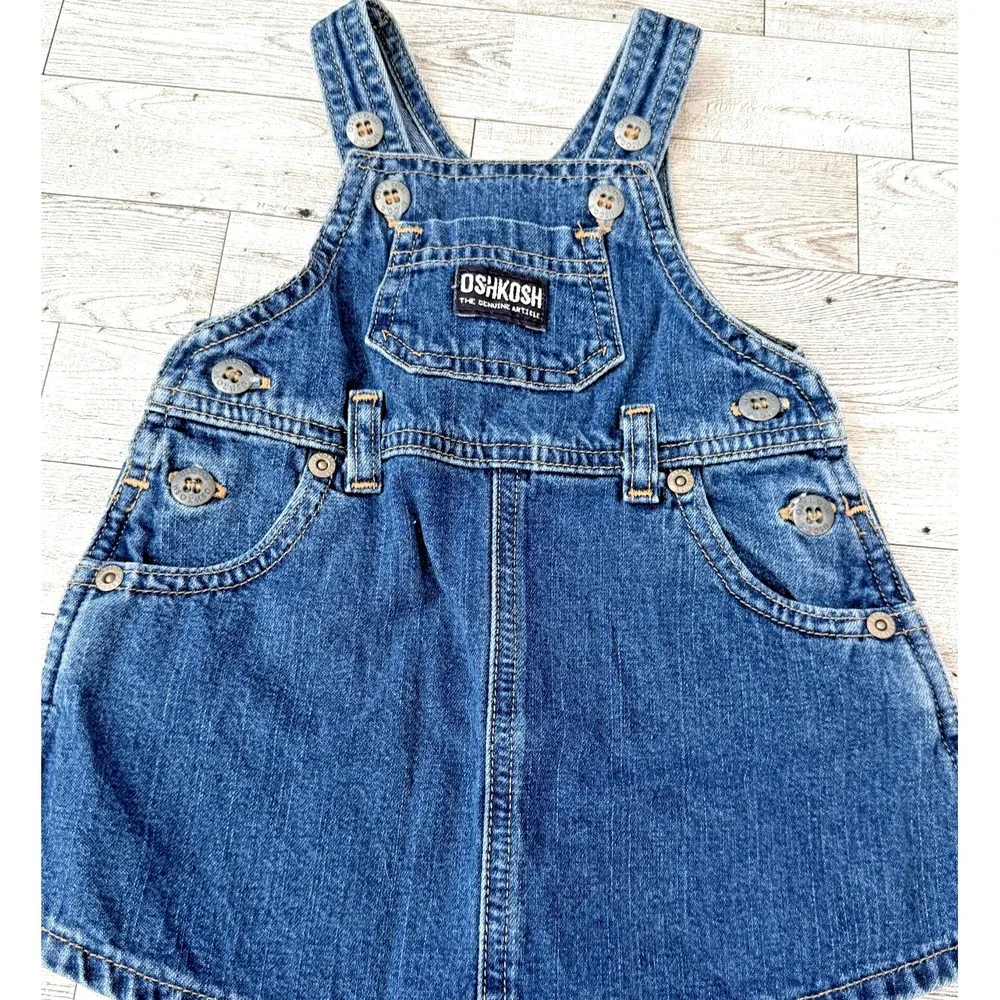 VTG OshKosh Bgosh Vestbak Denim Overall Dress Jumper Baby Girl Skirt 90s 6-9 MOS